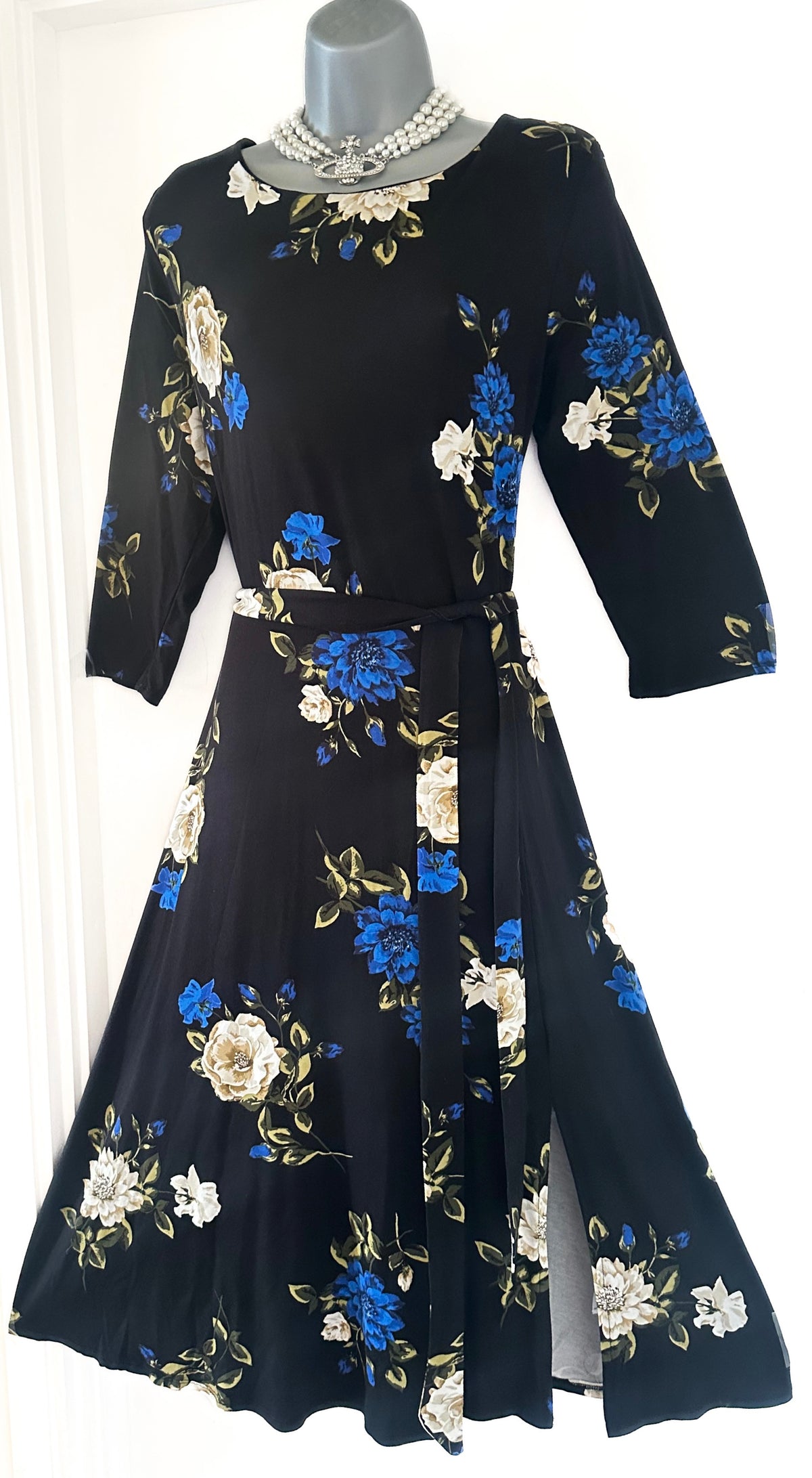 Wallis black floral belted 3/4 sleeve calf length dress size 16