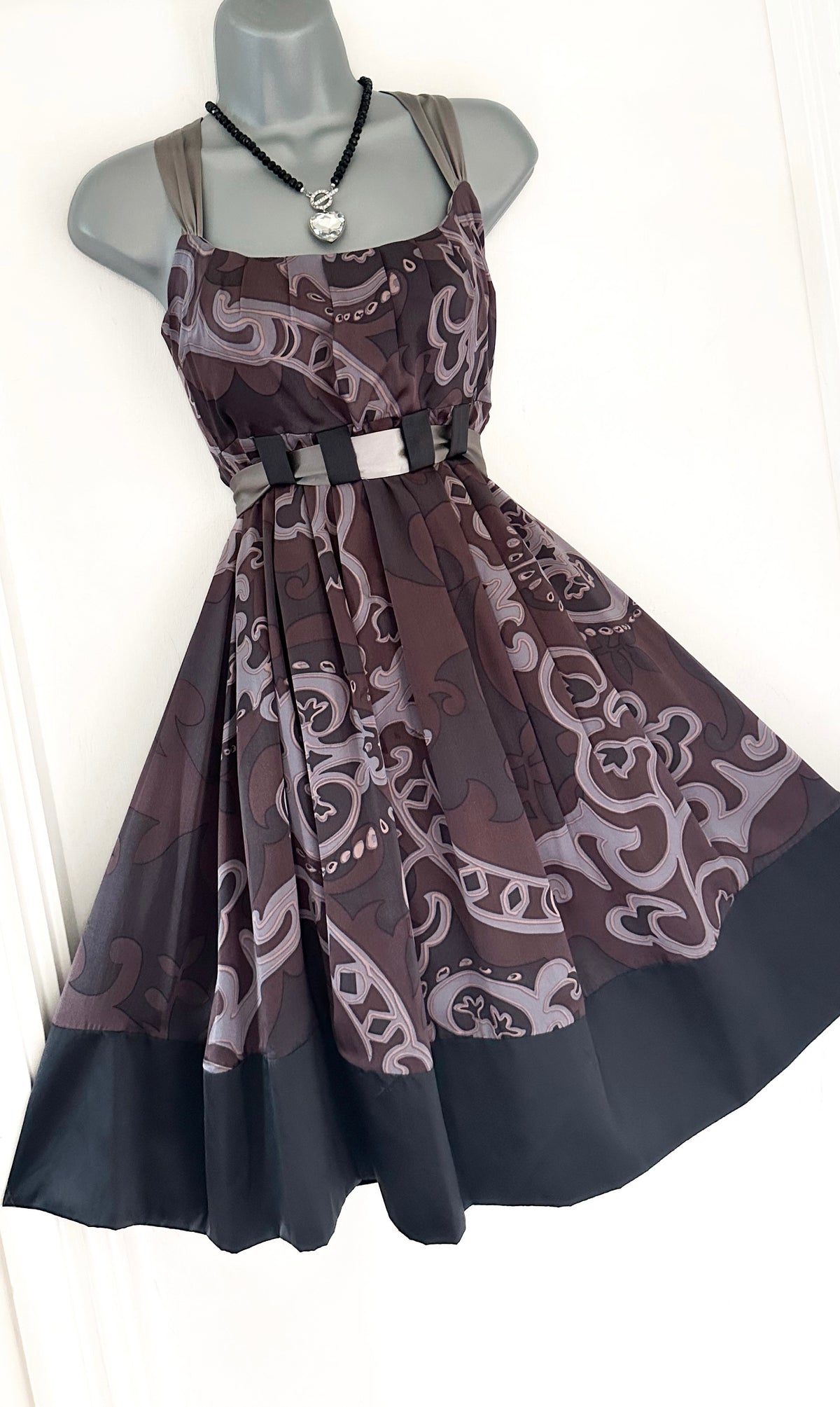 Mink Bikini 100% silk grey/brown printed belted occasion knee length dress  12