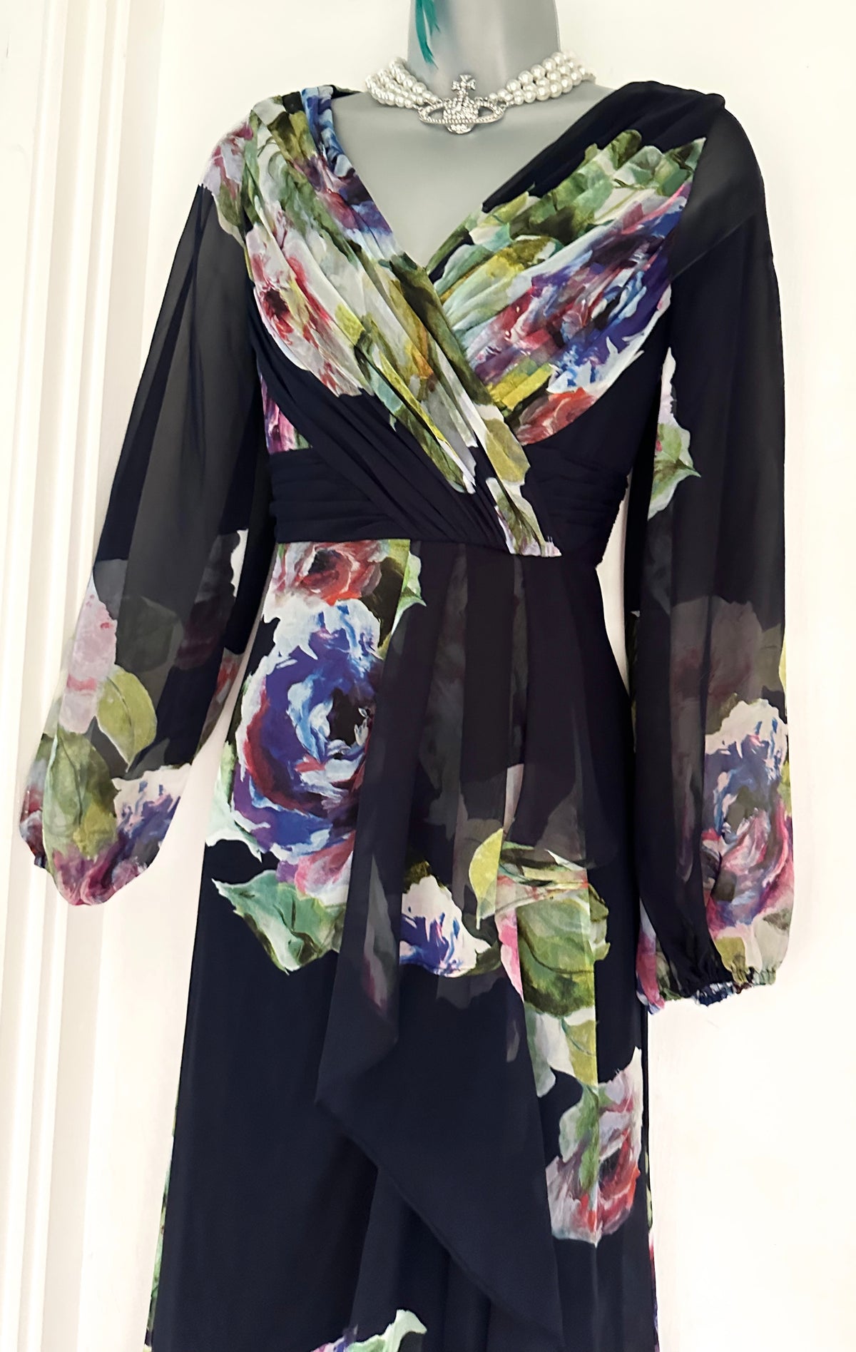 Adrianna Papell navy floral multi occasion wedding long maxi dress size 8