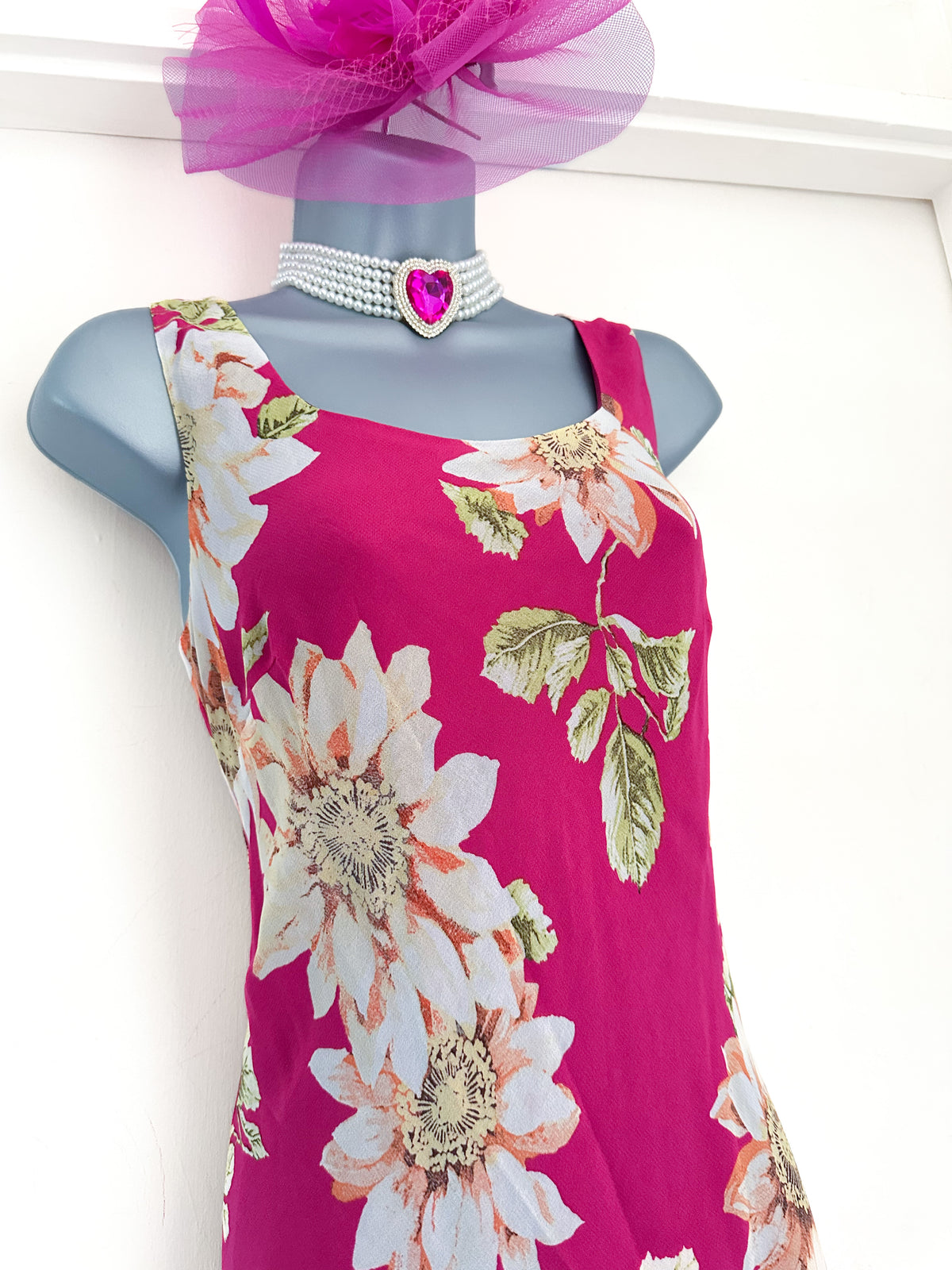 Satsuma London pink floral multi sleeveless summer holiday long maxi dress size 10