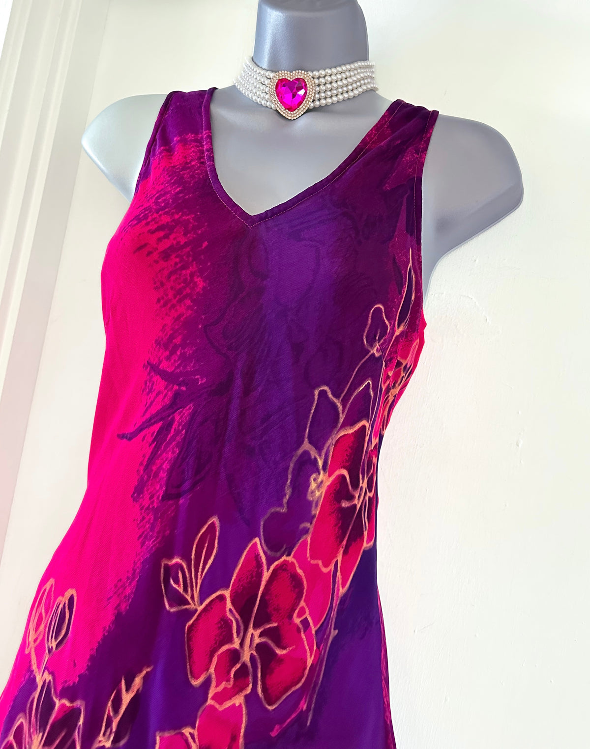 Adini pink/purple floral printed sleeveless summer boho calf length dress size M (Uk 14)