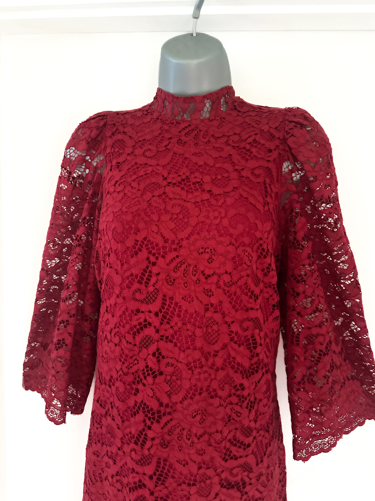 Biba dark red lace slight puff 3/4 sleeve above knee evening party dress size 10