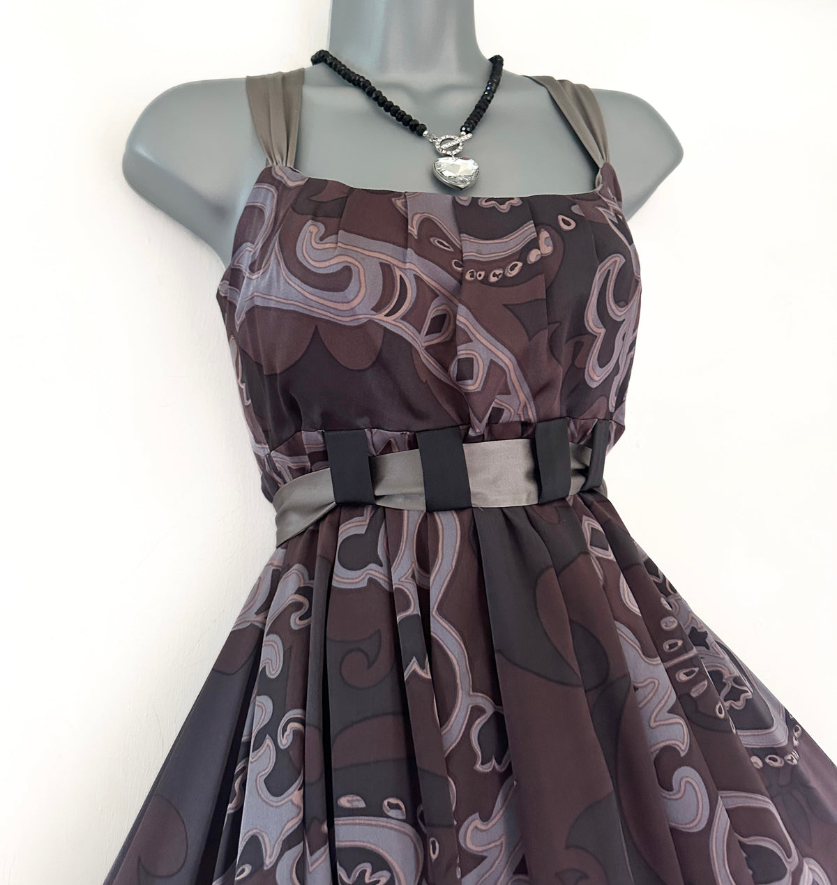 Mink Bikini 100% silk grey/brown printed belted occasion knee length dress  12