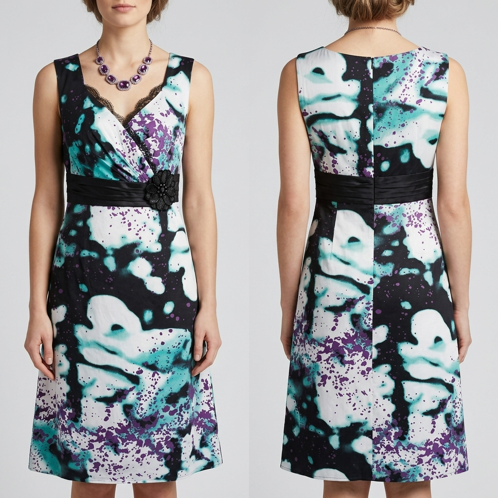 Stunning Linea Raffaelli multi silk jewel floral motif sleeveless black tie knee length dress 14