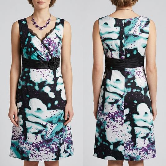 Stunning Linea Raffaelli multi silk jewel floral motif sleeveless black tie knee length dress 14