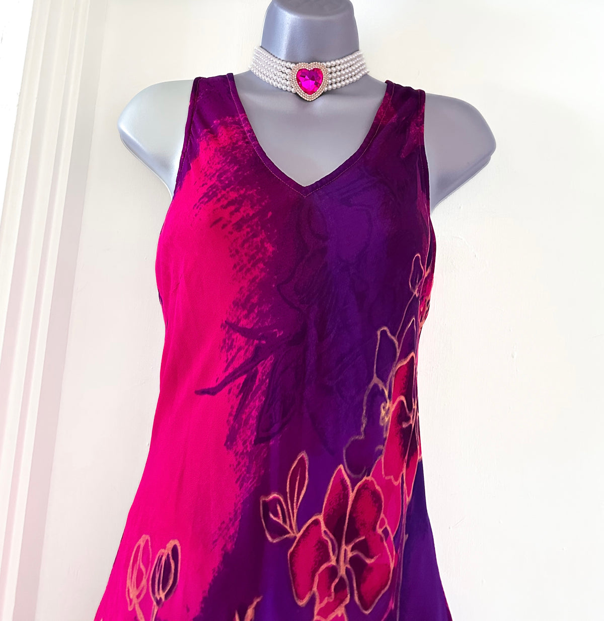 Adini pink/purple floral printed sleeveless summer boho calf length dress size M (Uk 14)
