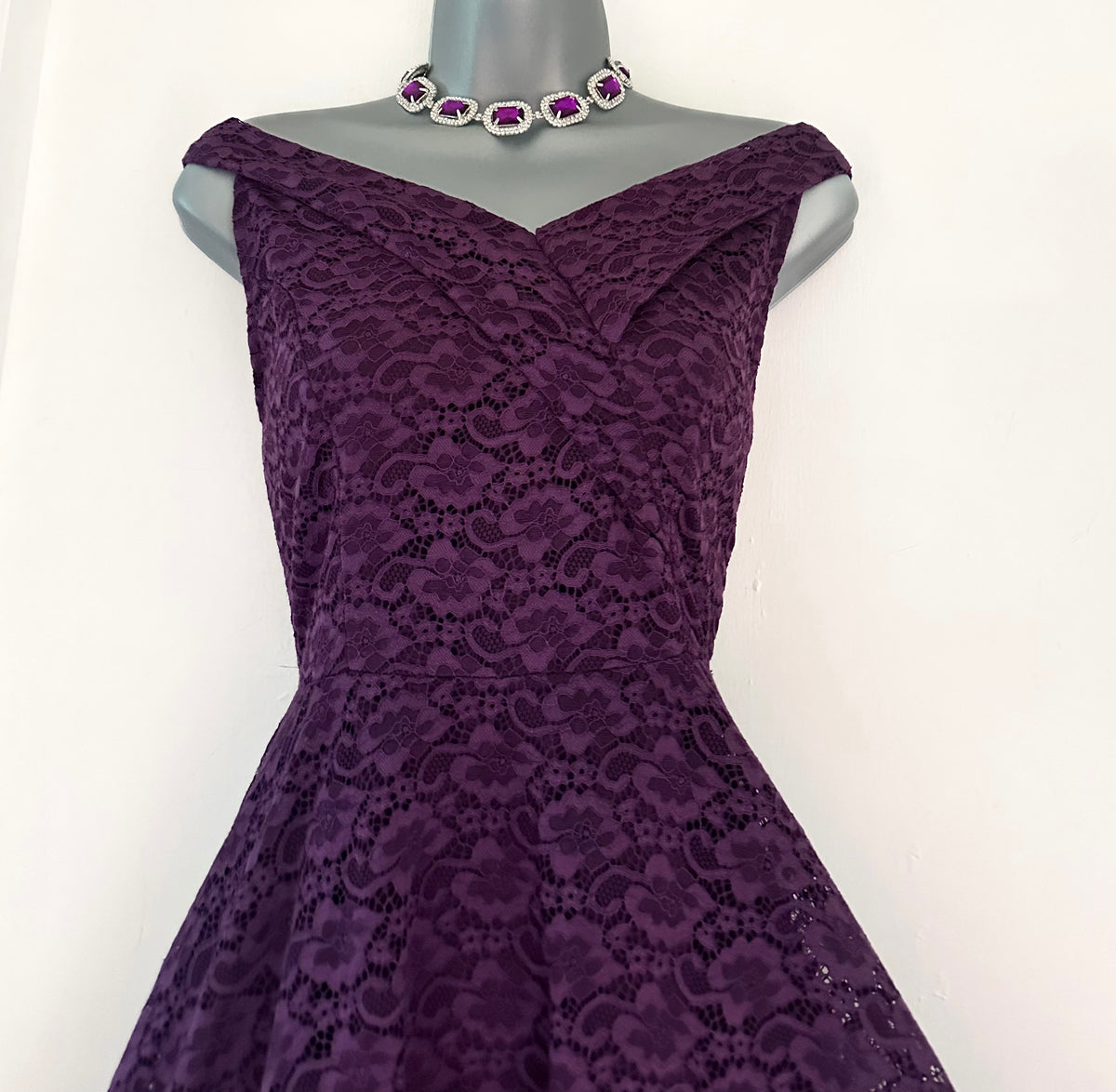 no label purple lace Bardot evening occasion a-line knee length dress M (Uk 10-12)