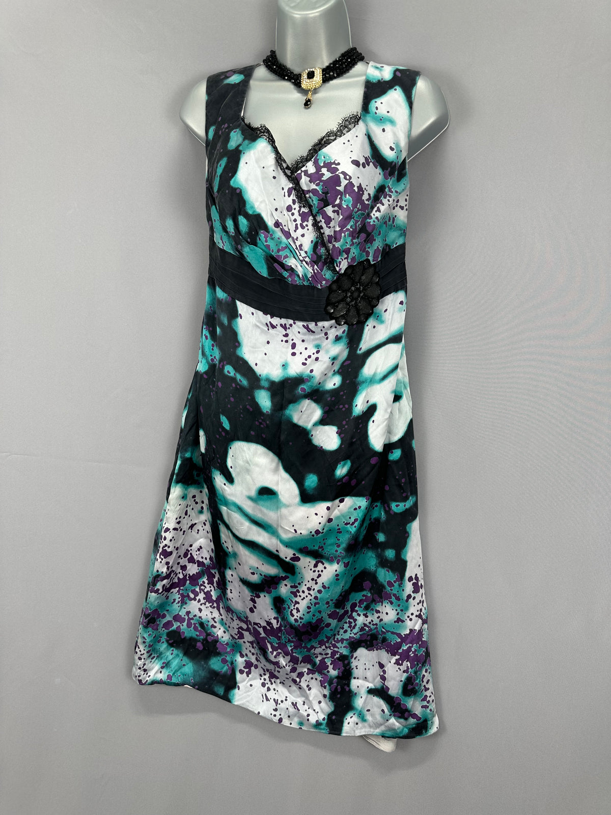 Stunning Linea Raffaelli multi silk jewel floral motif sleeveless black tie knee length dress 14