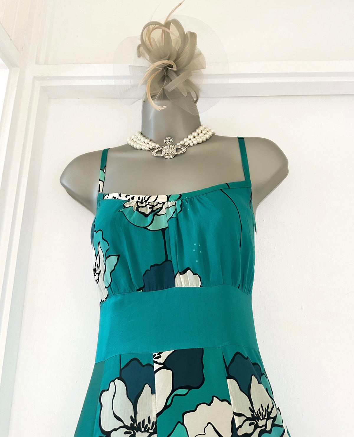 Monsoon turquoise silk floral occasion evening midi dress size 12