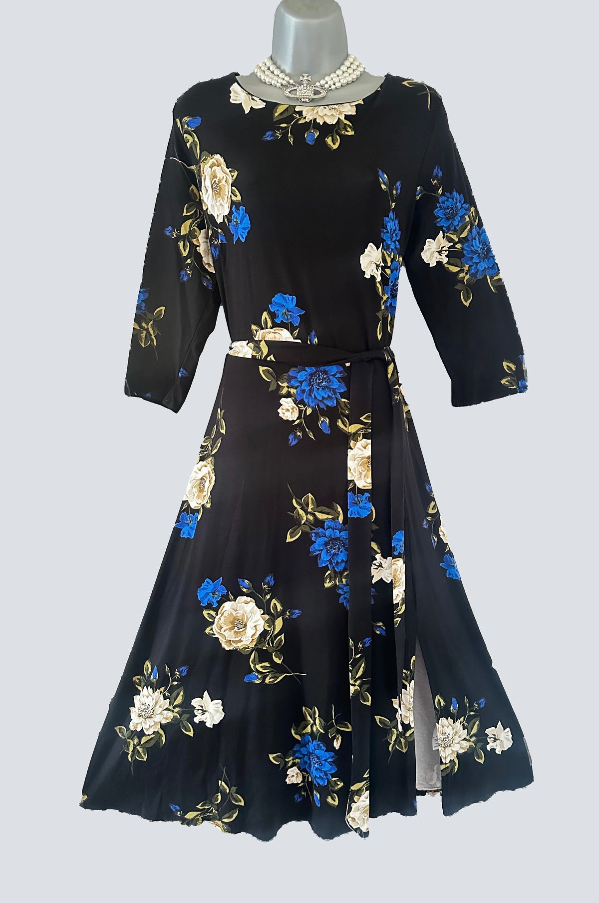 Wallis black floral belted 3/4 sleeve calf length dress size 16