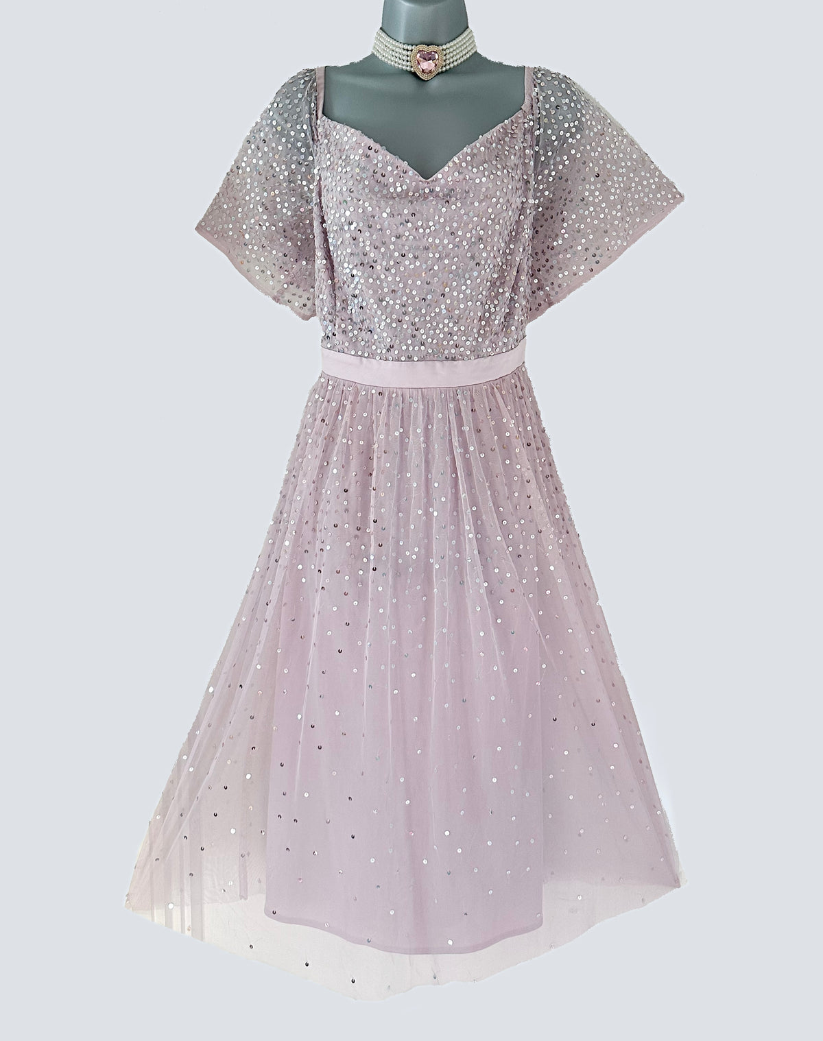 BNWT Maya Deluxe curve light pink/lilac sequin occasion midi dress size 20
