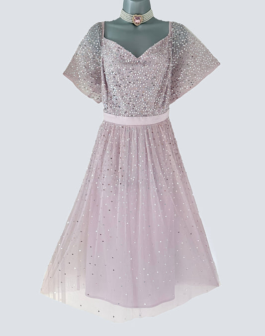 BNWT Maya Deluxe curve light pink/lilac sequin occasion midi dress size 20