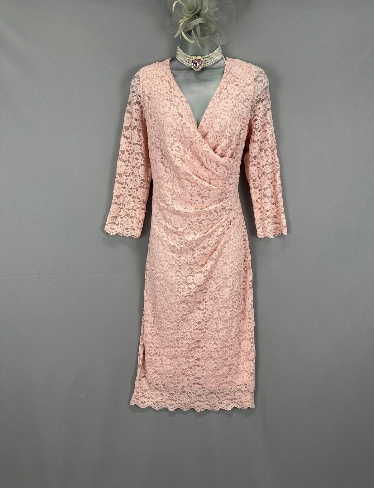 Gina Bacconi pale pink lace stretch 3/4 sleeve v-neck mother of the bride/groom midi dress 16