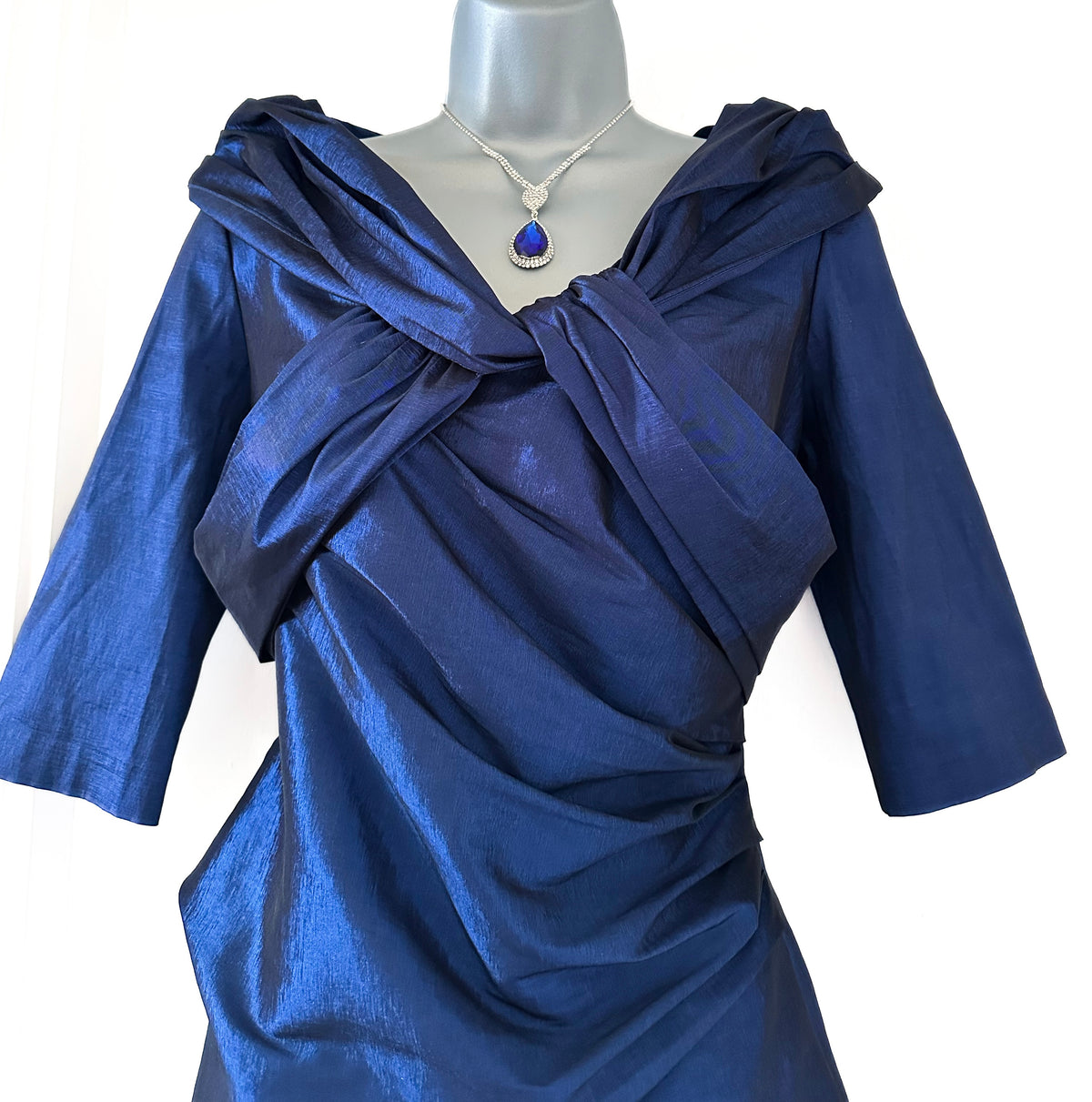 Ispirato navy shiny 3/4 sleeve fitted mother of the bride occasion midi dress size 10