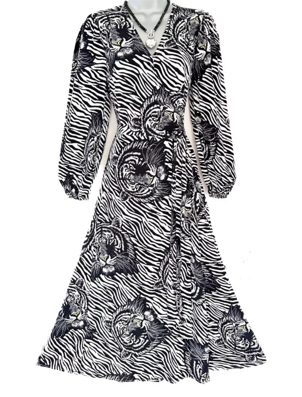 Karen millen mono lion/zebra print wrap style long stunning dress size 8