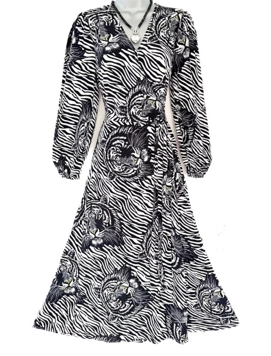 Karen millen mono lion/zebra print wrap style long stunning dress size 8