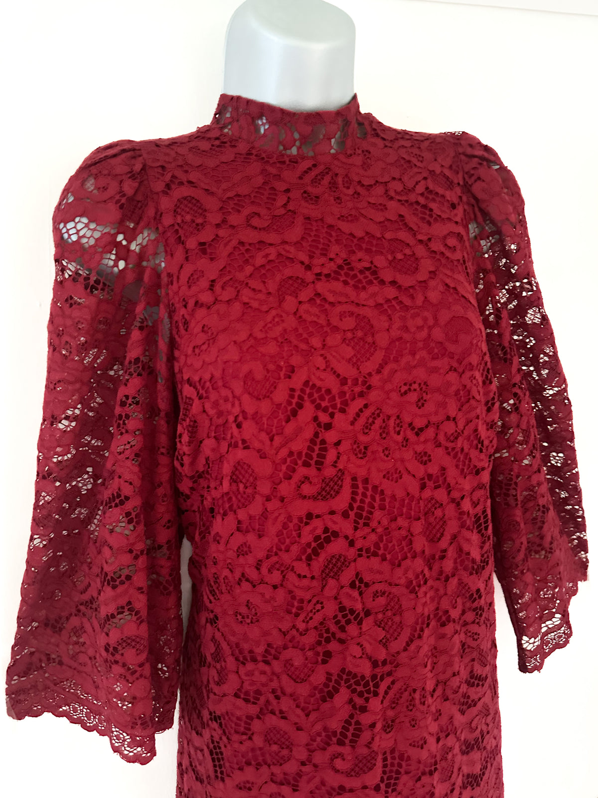 Biba dark red lace slight puff 3/4 sleeve above knee evening party dress size 10