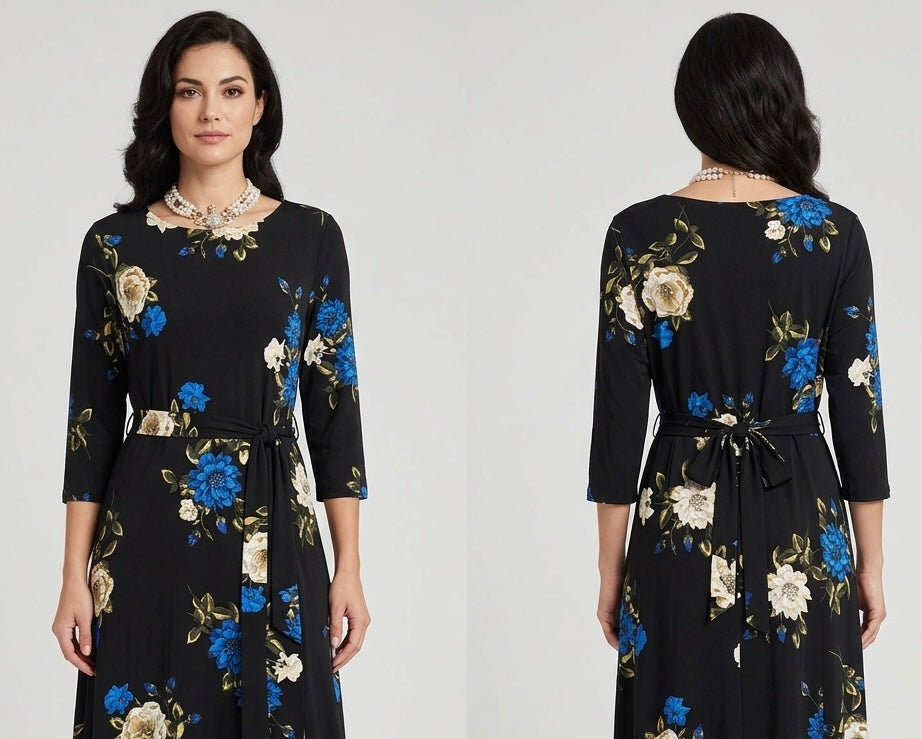 Stylish Wallis black multi floral belted autumn casual calf length dress uk 16