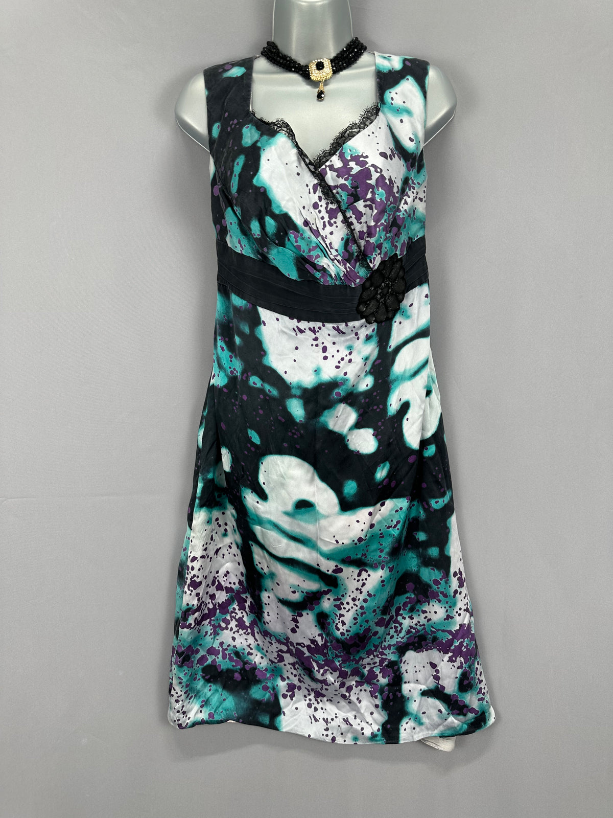 Stunning Linea Raffaelli multi silk jewel floral motif sleeveless black tie knee length dress 14