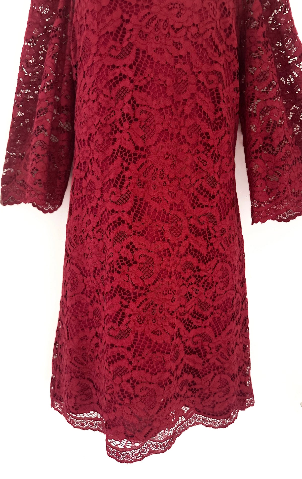 Biba dark red lace slight puff 3/4 sleeve above knee evening party dress size 10