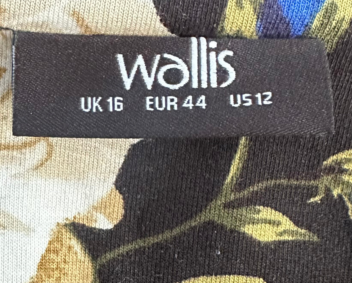 Wallis black floral belted 3/4 sleeve calf length dress size 16