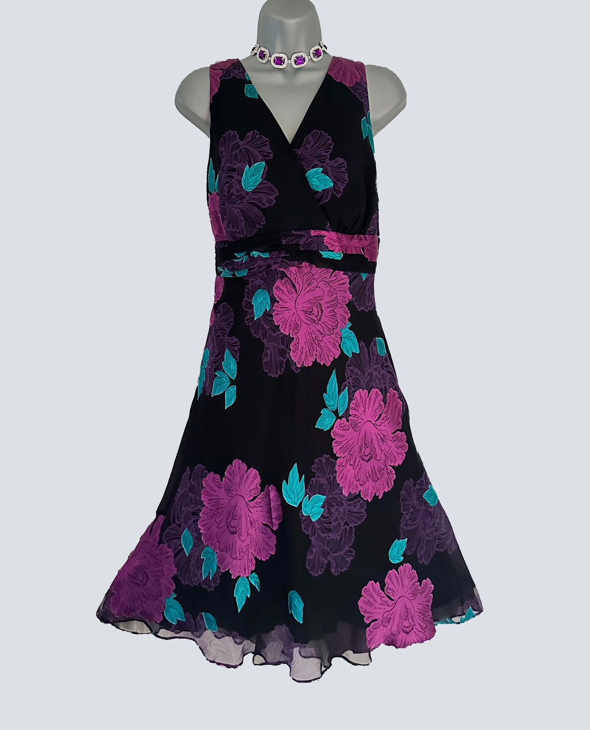 Rocha John Rocha Debenhams 56%silk black multi floral occasion over the knee dress 16
