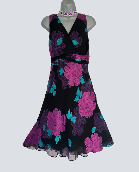 Rocha John Rocha Debenhams 56%silk black multi floral occasion over the knee dress 16