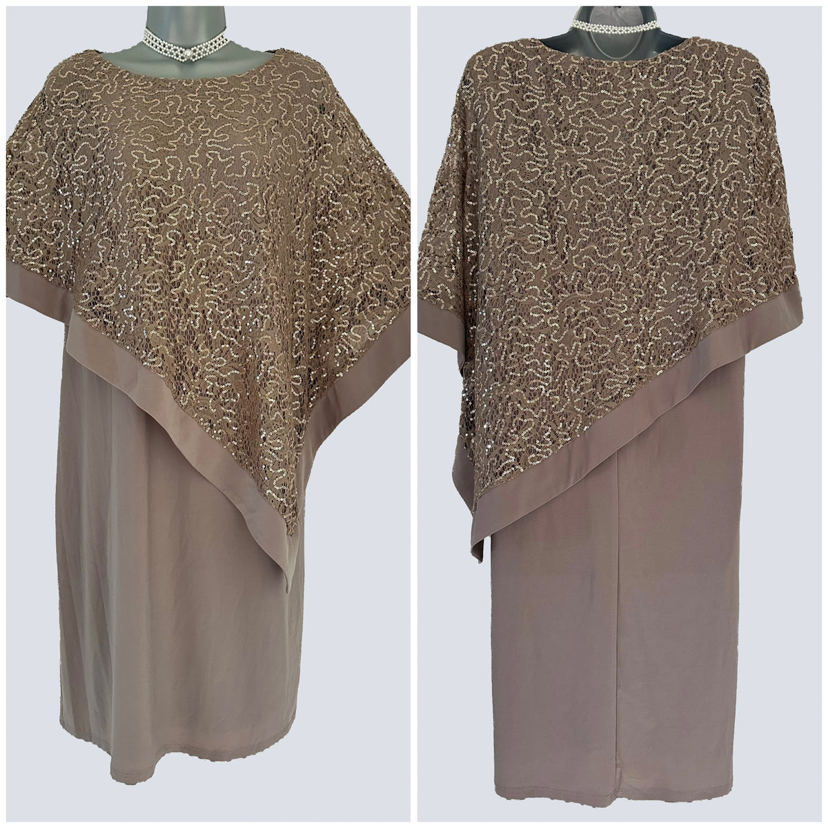 R&M Richard’s mushroom sequin cape style occasion mother of the bride knee length dress size 16