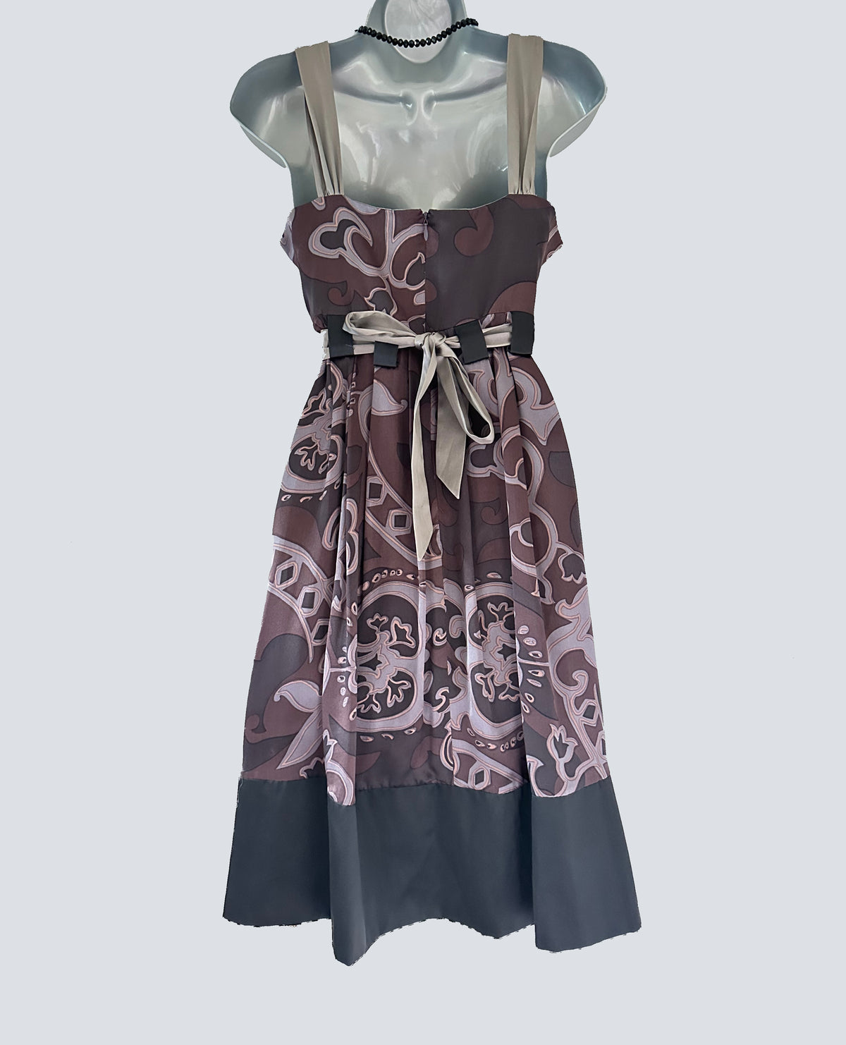 Mink Bikini 100% silk grey/brown printed belted occasion knee length dress  12