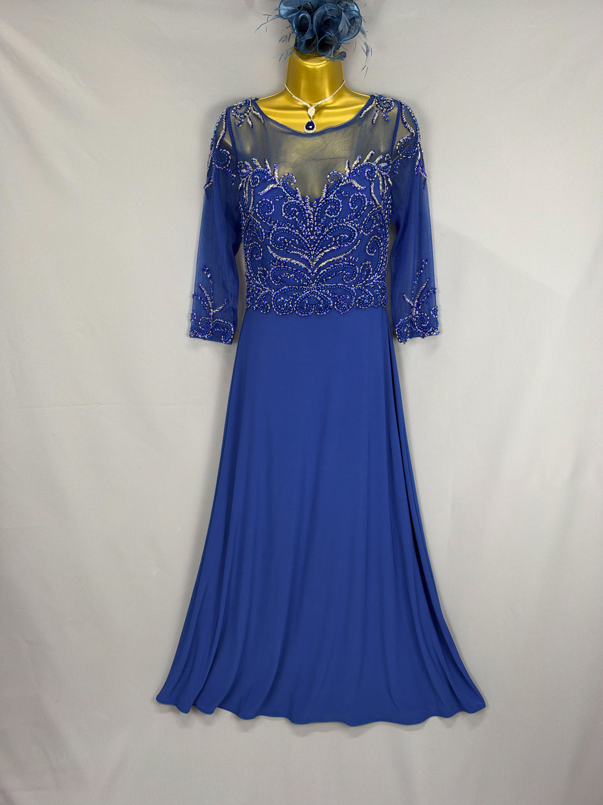 Stunning Goya London royal blue beaded floral Christmas mother of the bride/groom long dress uk 14