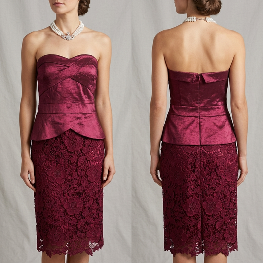 Alexon stylish burgundy black tie strapless lace detail black tie formal knee length dress size 16