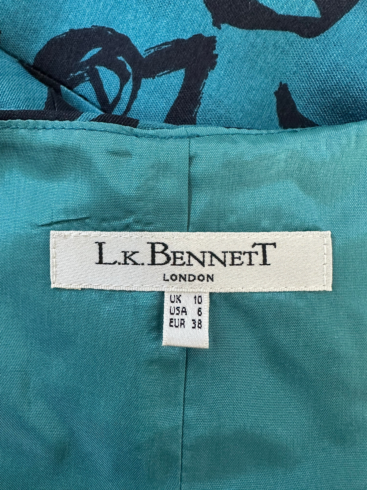 LK Bennett turquoise floral wool/silk sleeveless occasion knee length dress size 10