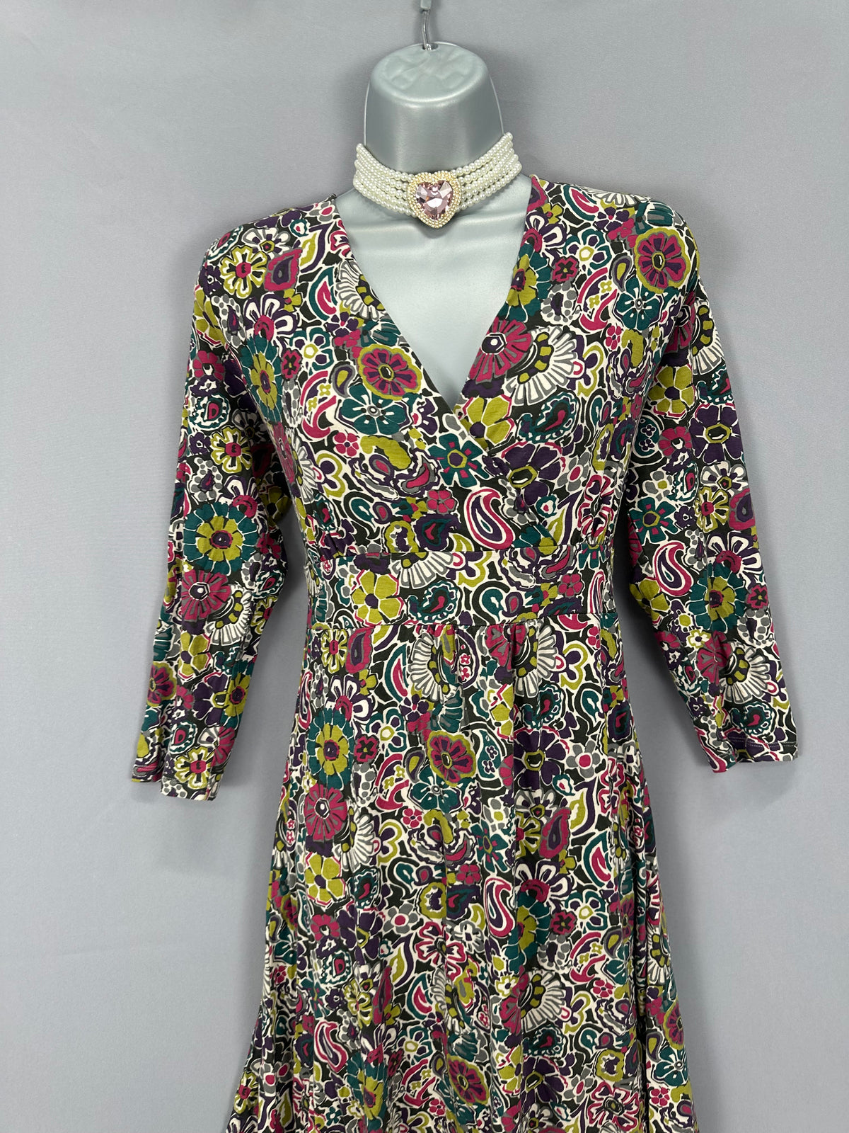 Elegant East multi print v-neck a-line 3/4 sleeve casual knee length dress uk 12