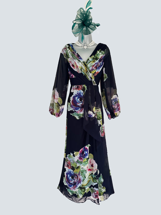 Adrianna Papell navy floral multi occasion wedding long maxi dress size 8