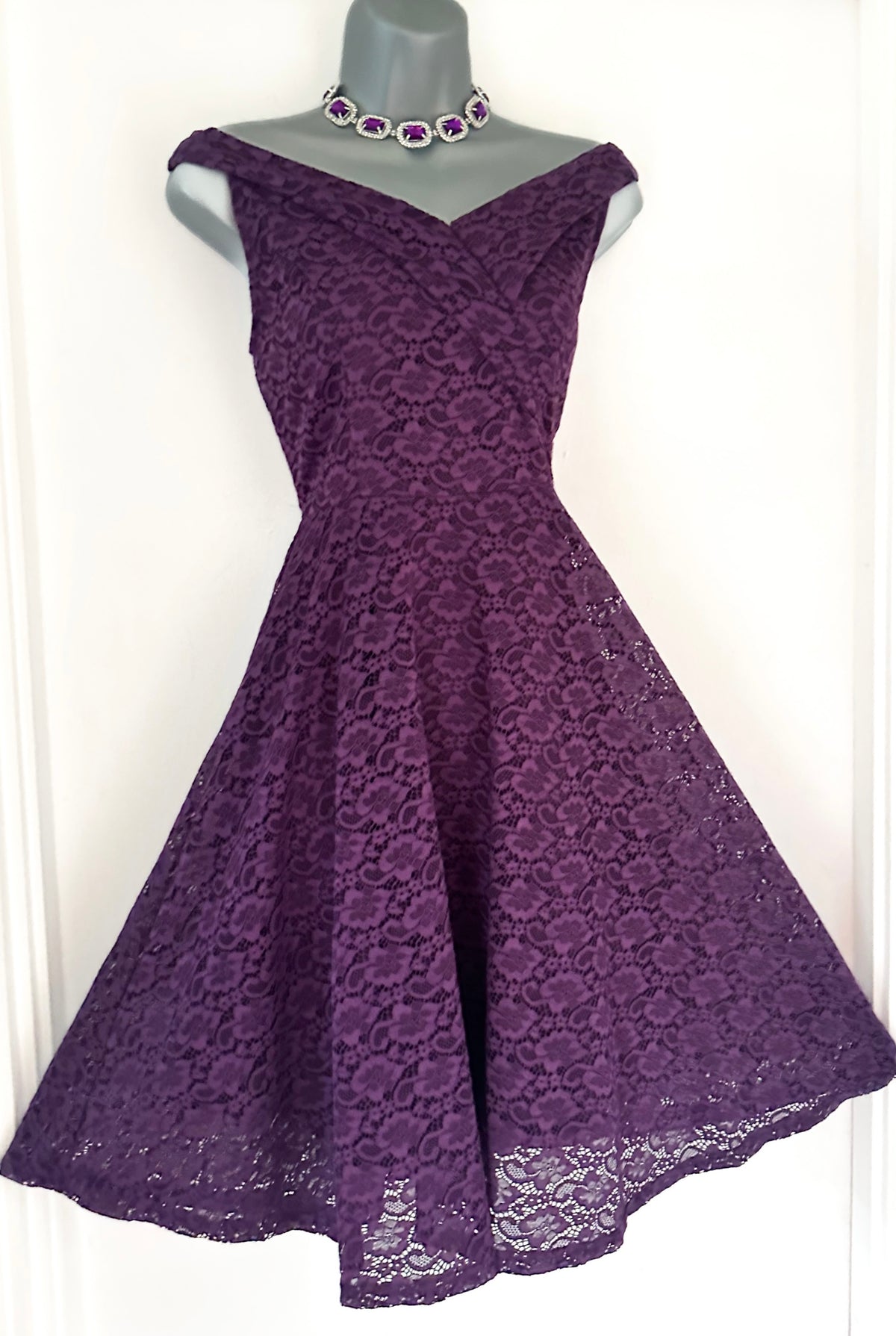 no label purple lace Bardot evening occasion a-line knee length dress M (Uk 10-12)