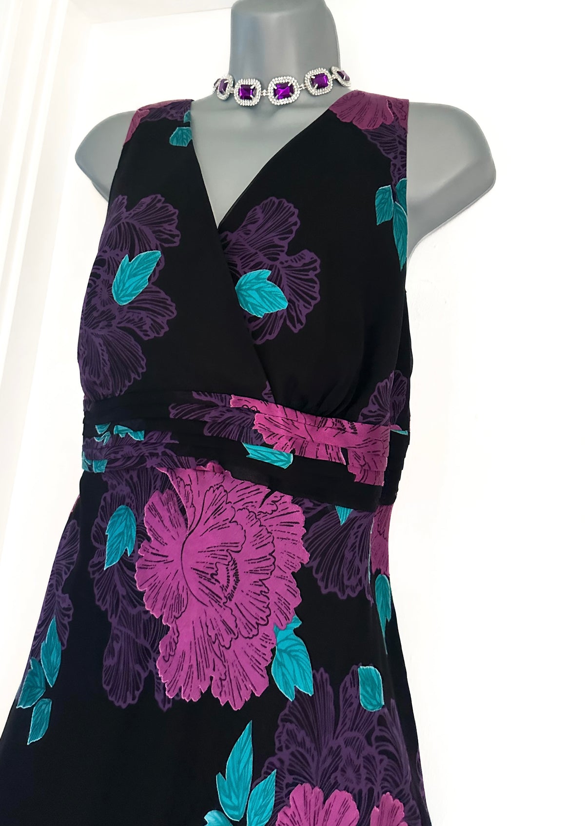 Rocha John Rocha Debenhams 56%silk black multi floral occasion over the knee dress 16