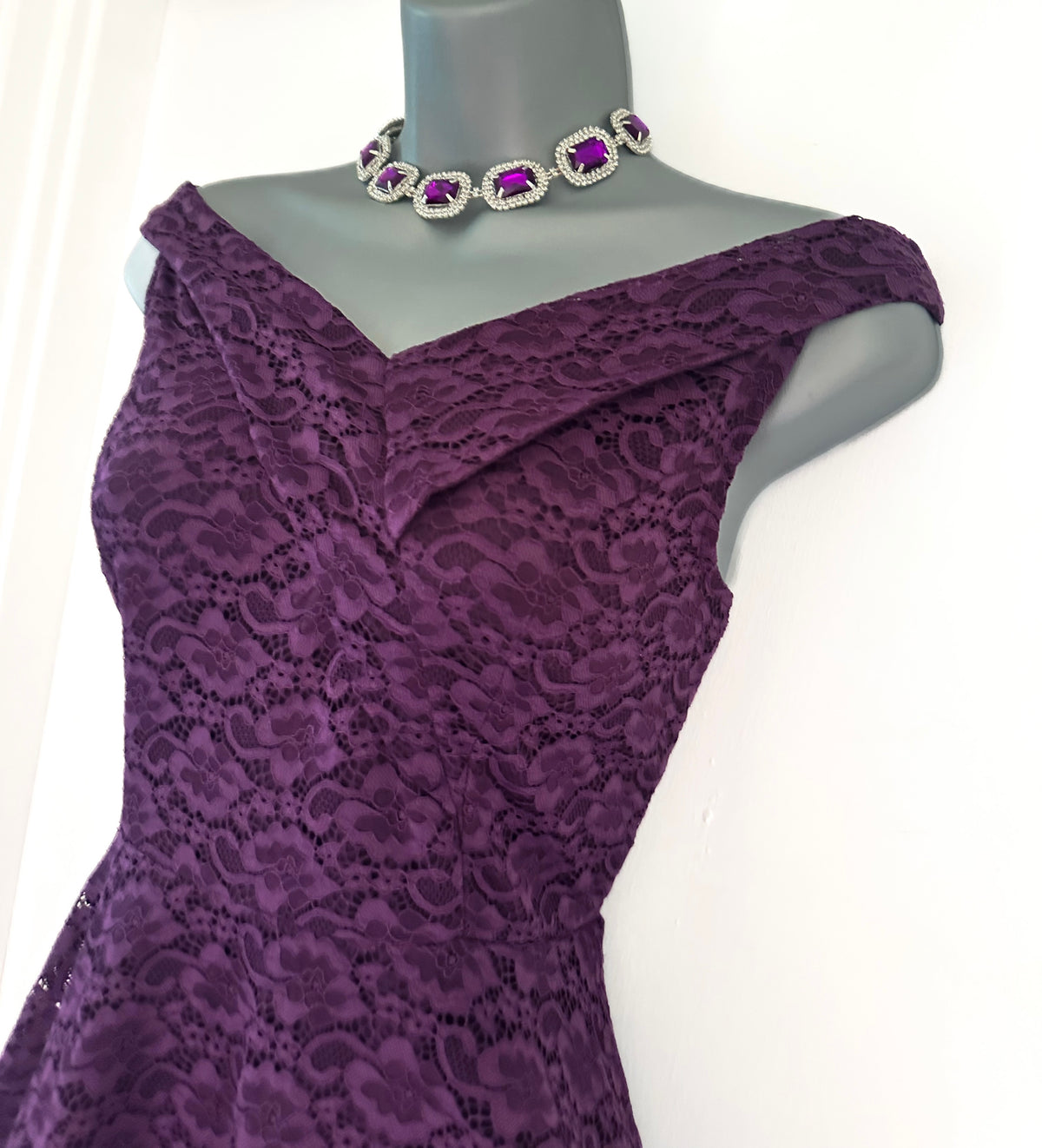 no label purple lace Bardot evening occasion a-line knee length dress M (Uk 10-12)