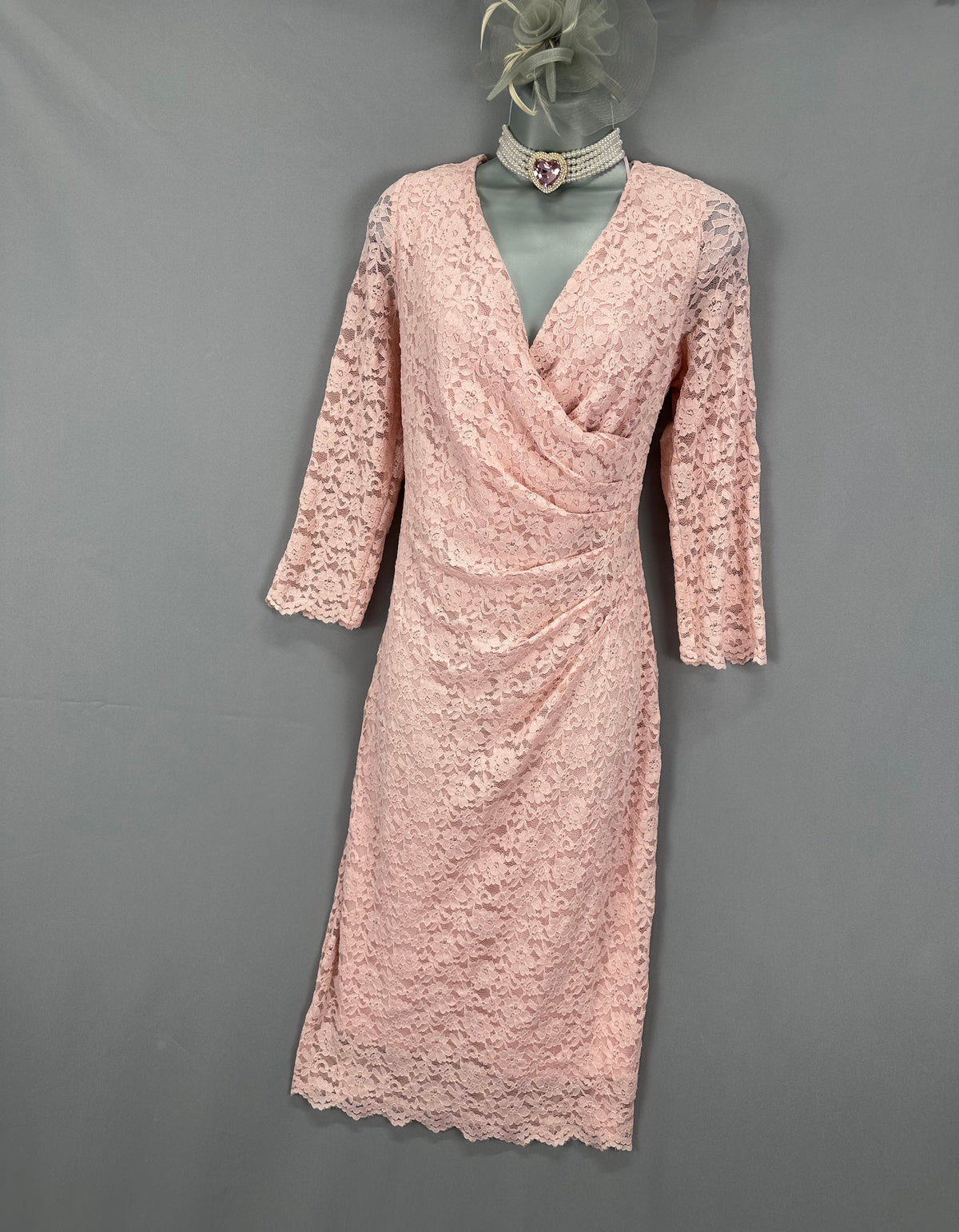 Gina Bacconi pale pink lace stretch 3/4 sleeve v-neck mother of the bride/groom midi dress 16