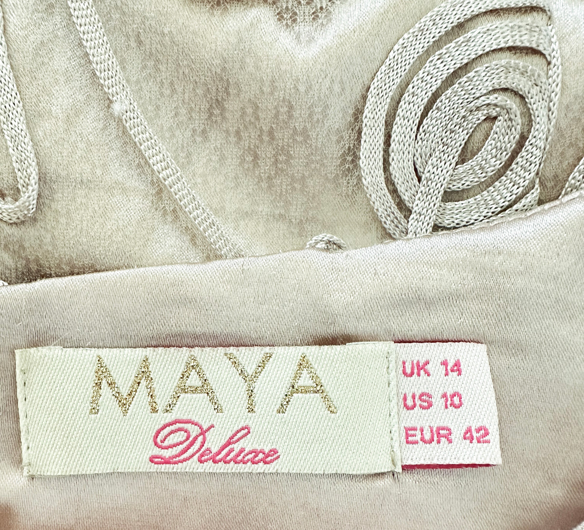 Maya Deluxe appliqué champagne coloured wedding occasion a-line above knee dress size 14