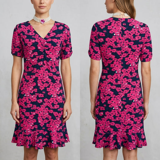 Bnwt Roman navy pink floral short sleeve v-neck knee length tea dress size 10